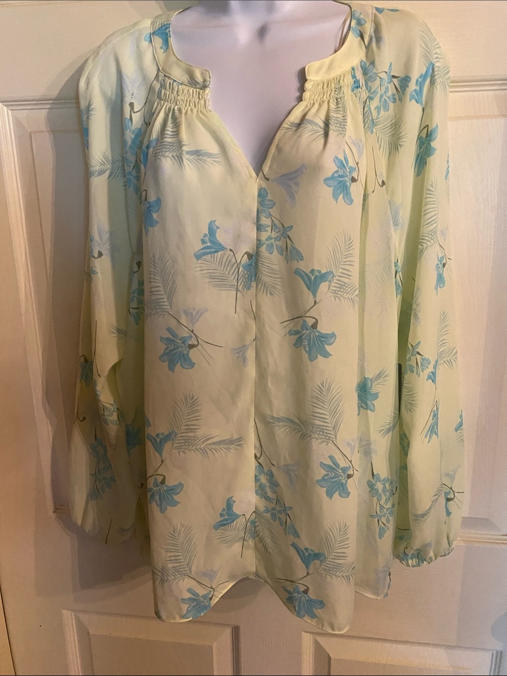Chaus Pale Yellow Blouse with Light Blue Floral Print